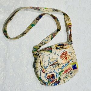 VTG Fossil Crossbody Purse Destination Map Handbag St. Moritz , Barcelona , Rome
